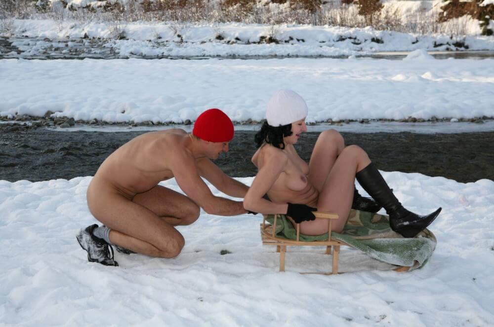 Naturist Girl Snow Day Couple’s Sled pics